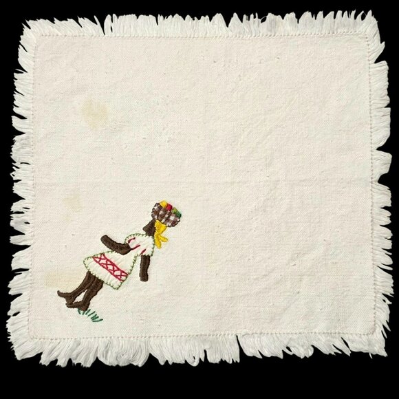 6 Vintage Caribbean Jamaican Napkins Embroidered Woman Man Basket Bananas Fringe - Picture 11 of 15